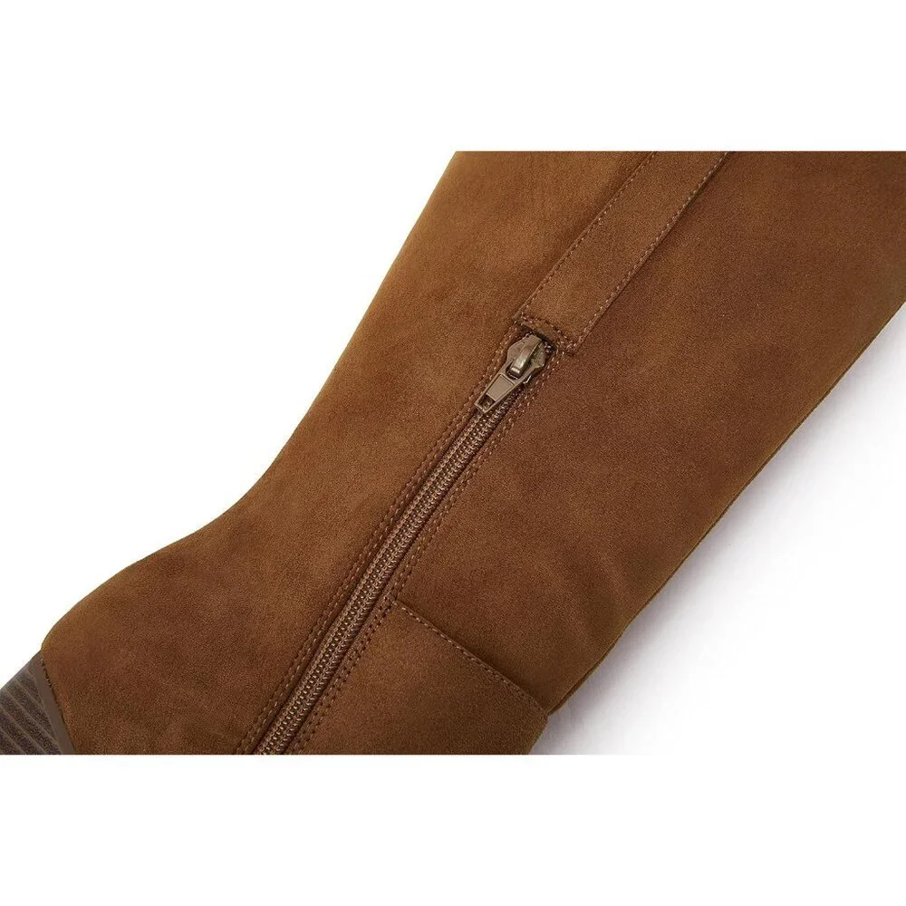Womens Brown Faux Suede Knee High Side Zipper Chunky Heel Stretch Winter Boots